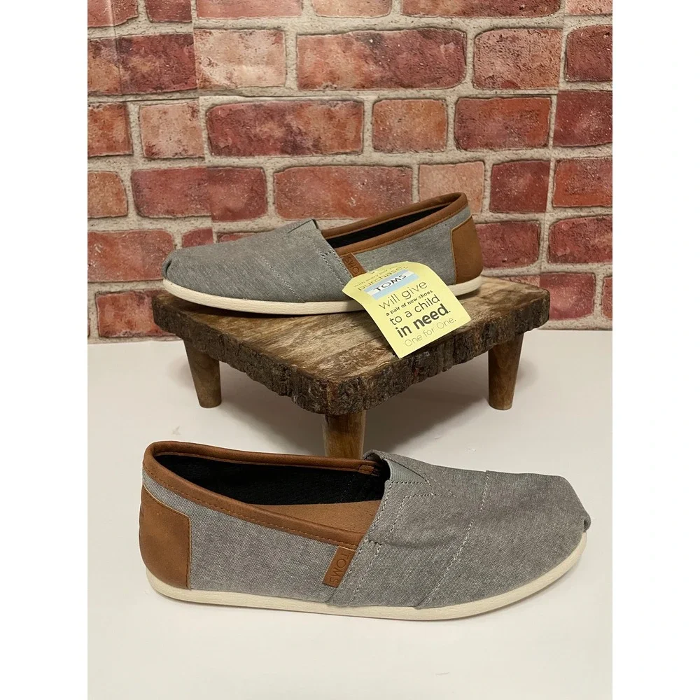 TOMS Alpargata Grey Chambray Brown Trim Slip On Shoes Mens 8.5 10008337‎